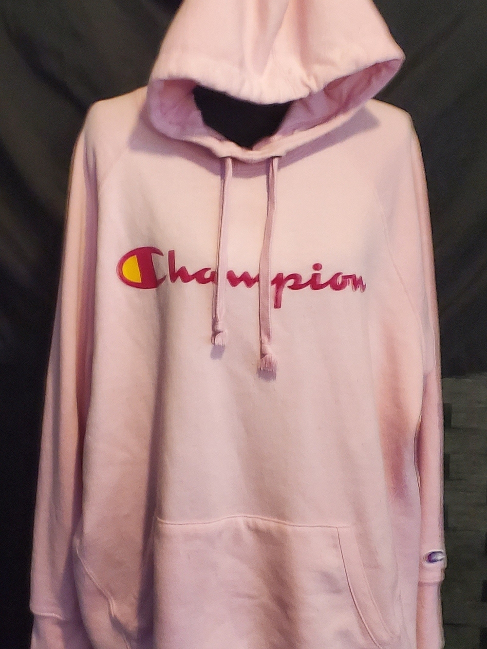 Champion Light Pink Hoodie with Red and Yellow Logo